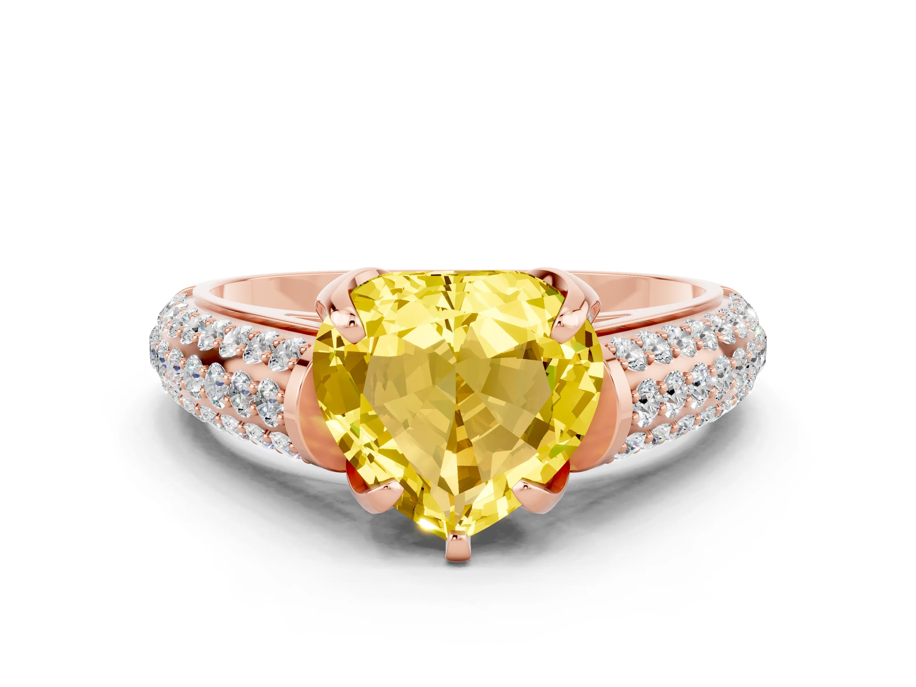 Rose gold Heart Cut Yellow Sapphire Solitaire Ring with Three-Row Pavé Band and Four-Prong Setting_12