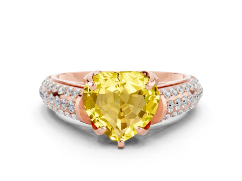 Rose gold Heart Cut Yellow Sapphire Solitaire Ring with Three-Row Pavé Band and Four-Prong Setting_12
