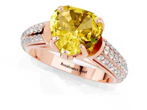 Rose gold Heart Cut Yellow Sapphire Solitaire Ring with Three-Row Pavé Band and Four-Prong Setting_13