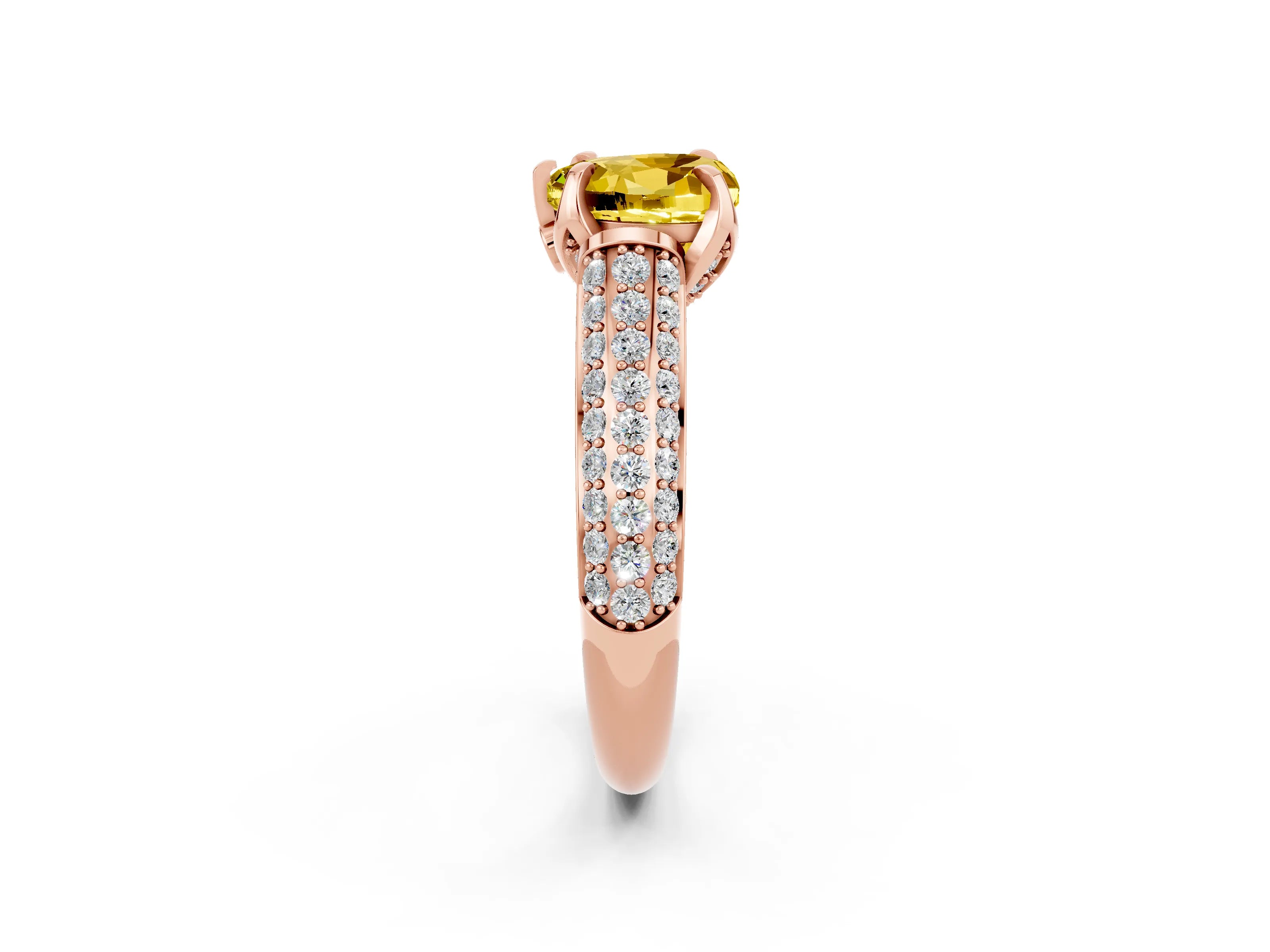 Rose gold Heart Cut Yellow Sapphire Solitaire Ring with Three-Row Pavé Band and Four-Prong Setting_14