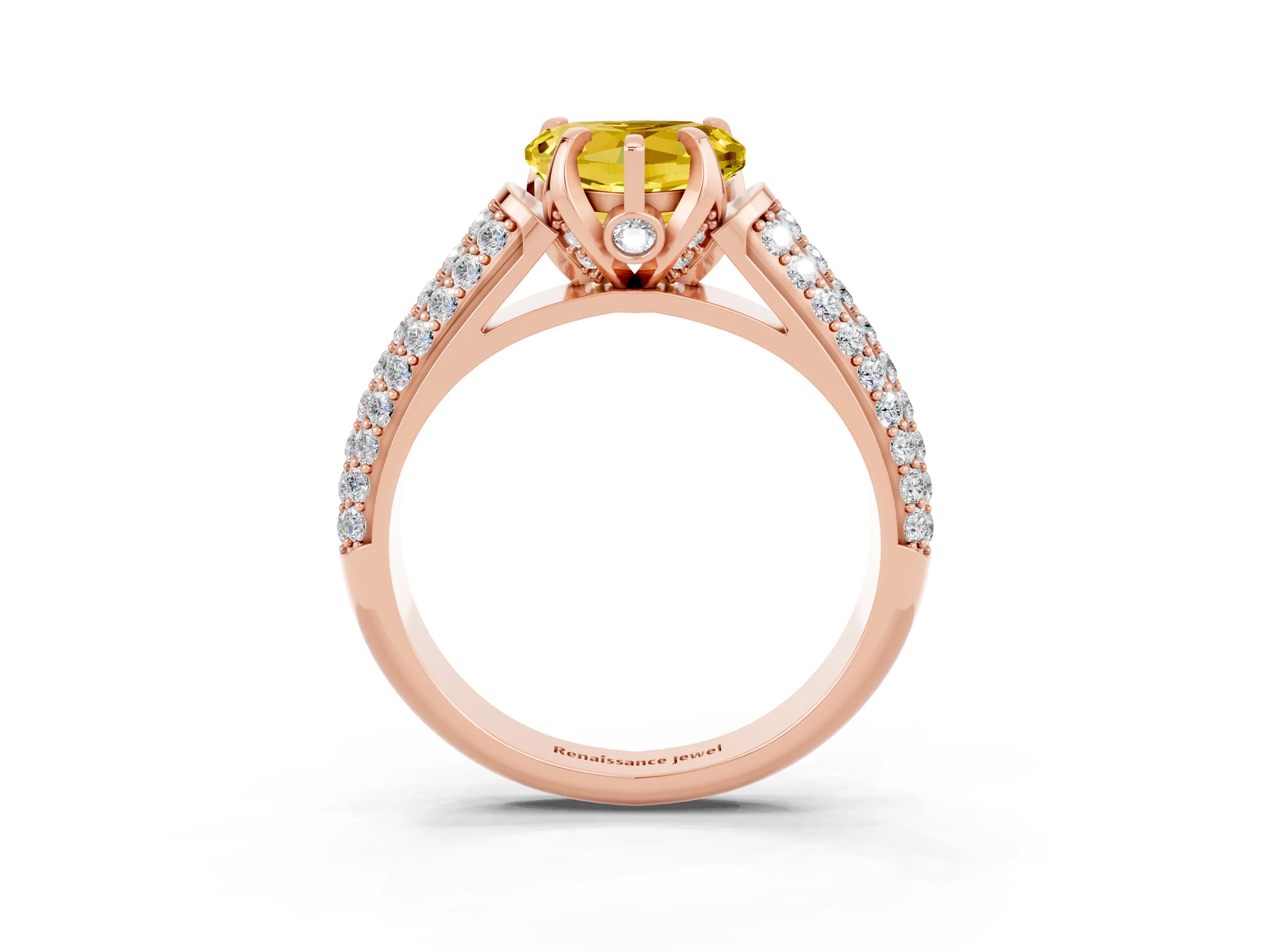 Rose gold Heart Cut Yellow Sapphire Solitaire Ring with Three-Row Pavé Band and Four-Prong Setting_15