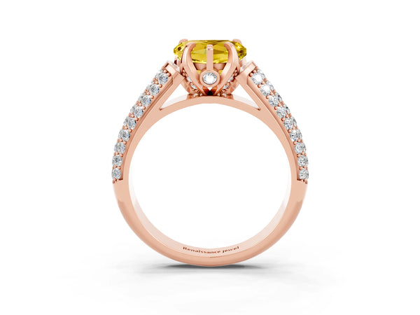 Rose gold Heart Cut Yellow Sapphire Solitaire Ring with Three-Row Pavé Band and Four-Prong Setting