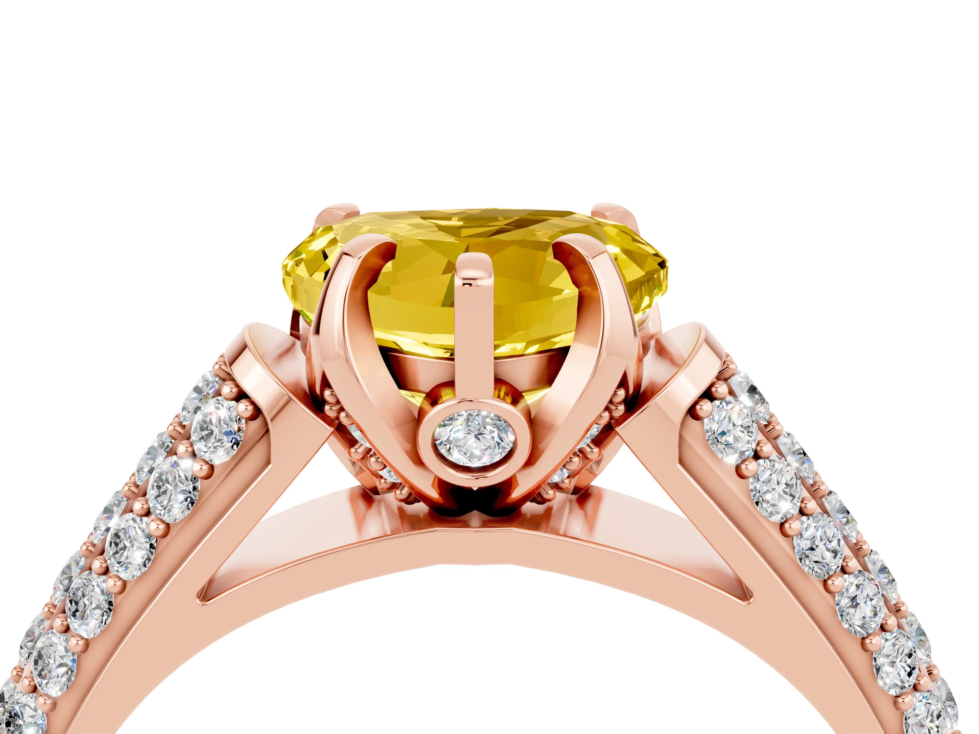 Rose gold Heart Cut Yellow Sapphire Solitaire Ring with Three-Row Pavé Band and Four-Prong Setting_16