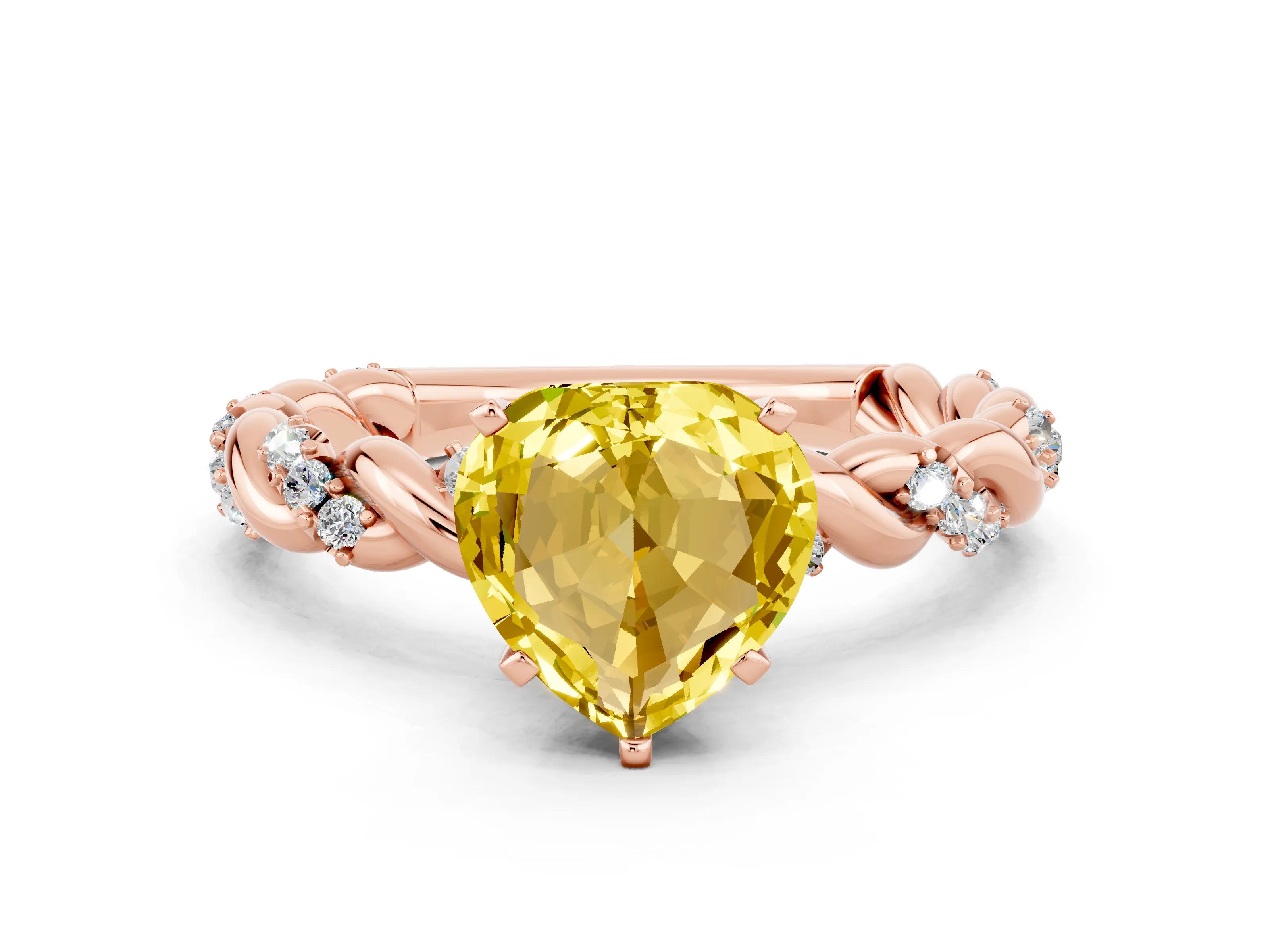 Rose gold Heart Cut Yellow Sapphire Solitaire Ring with Twisted Band and Pavé Accents