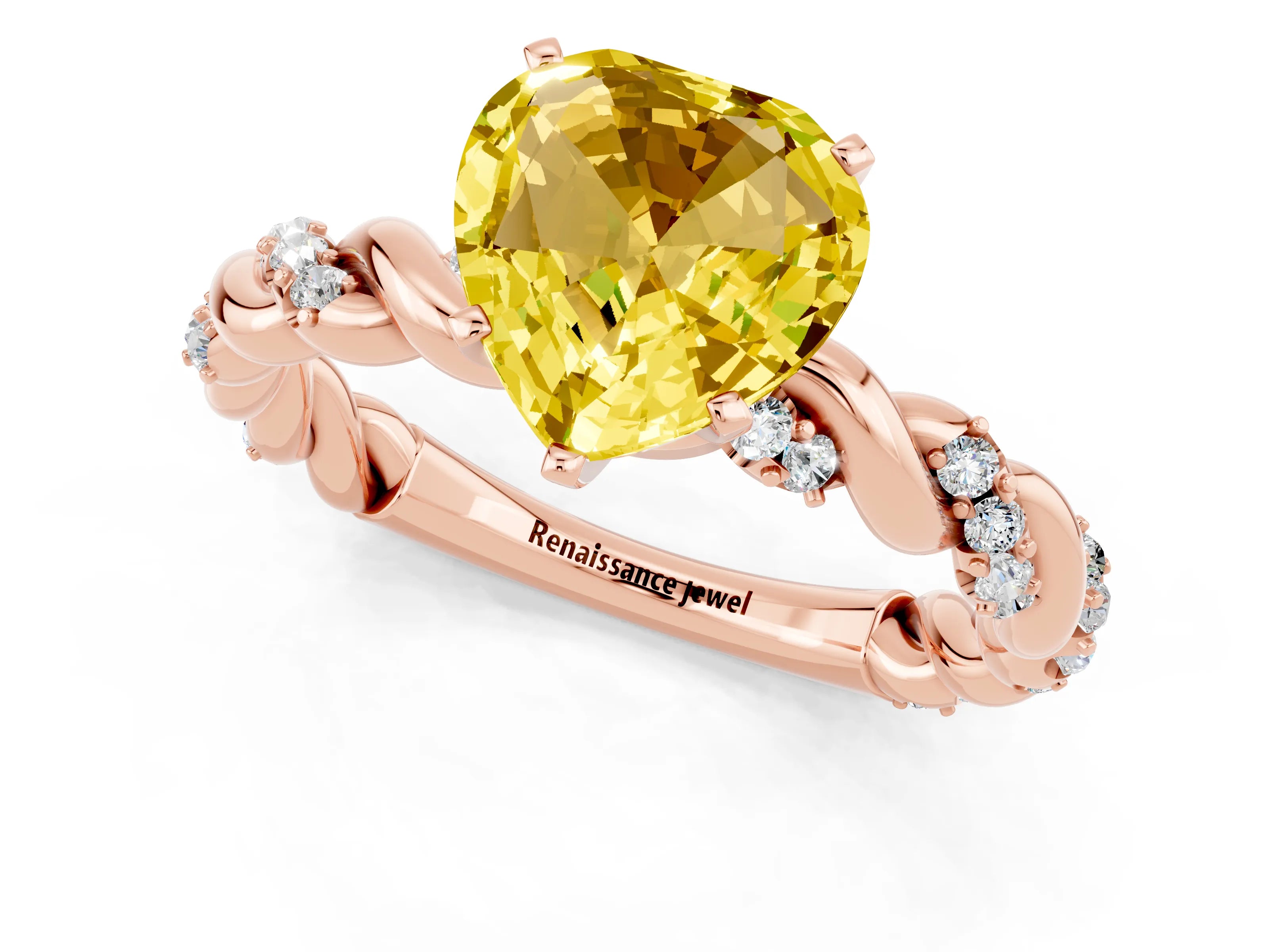 Rose gold Heart Cut Yellow Sapphire Solitaire Ring with Twisted Band and Pavé Accents_1