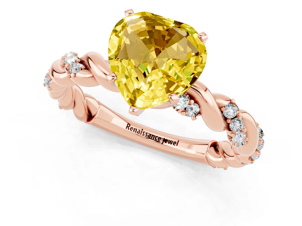 Rose gold Heart Cut Yellow Sapphire Solitaire Ring with Twisted Band and Pavé Accents