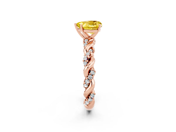 Rose gold Heart Cut Yellow Sapphire Solitaire Ring with Twisted Band and Pavé Accents