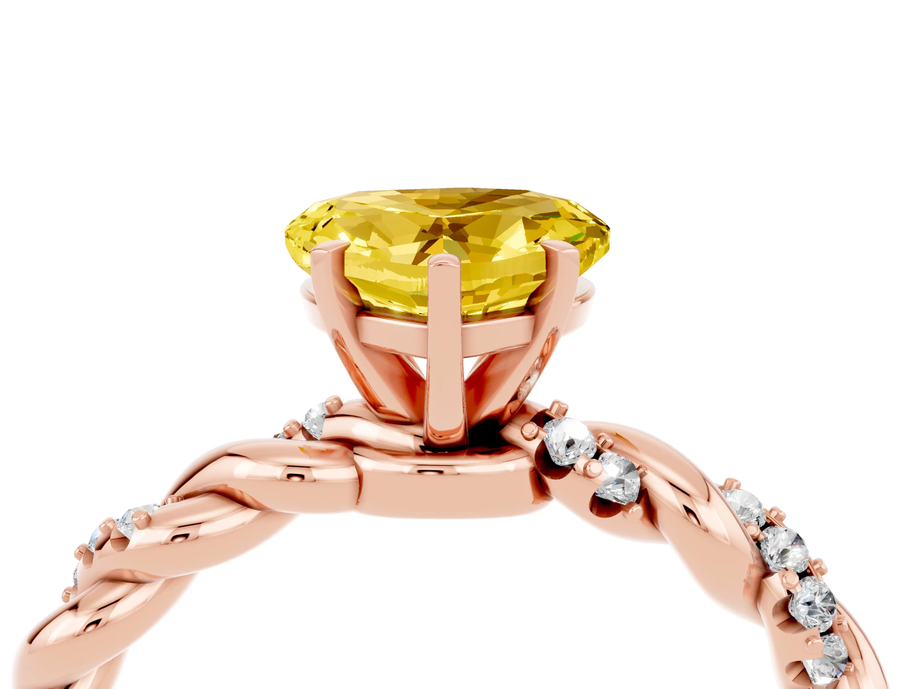 Rose gold Heart Cut Yellow Sapphire Solitaire Ring with Twisted Band and Pavé Accents_4