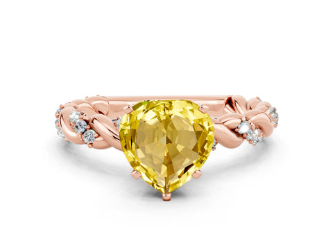 Rose gold Heart Cut Yellow Sapphire Solitaire Ring with Twisted Band and Pavé Accents