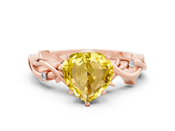 Rose gold Heart Cut Yellow Sapphire Solitaire Ring with Twisted Band and Prong Setting