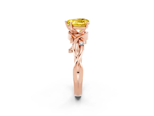 Rose gold Heart Cut Yellow Sapphire Solitaire Ring with Twisted Band and Prong Setting