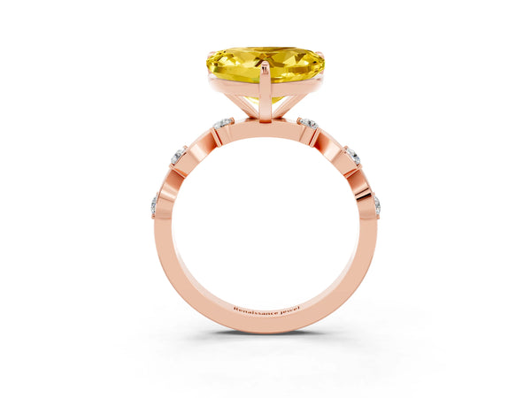 Rose gold Heart Cut Yellow Sapphire Solitaire Twisted Band with Round  Accents and Prong Setting