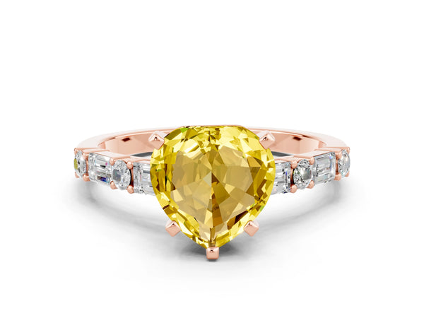 Rose gold Heart Cut Yellow Sapphire Solitaire with Side Baguettes and Channel Set Band