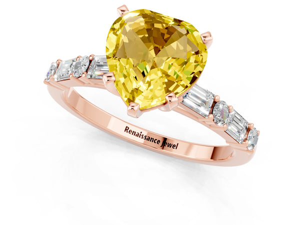Rose gold Heart Cut Yellow Sapphire Solitaire with Side Baguettes and Channel Set Band