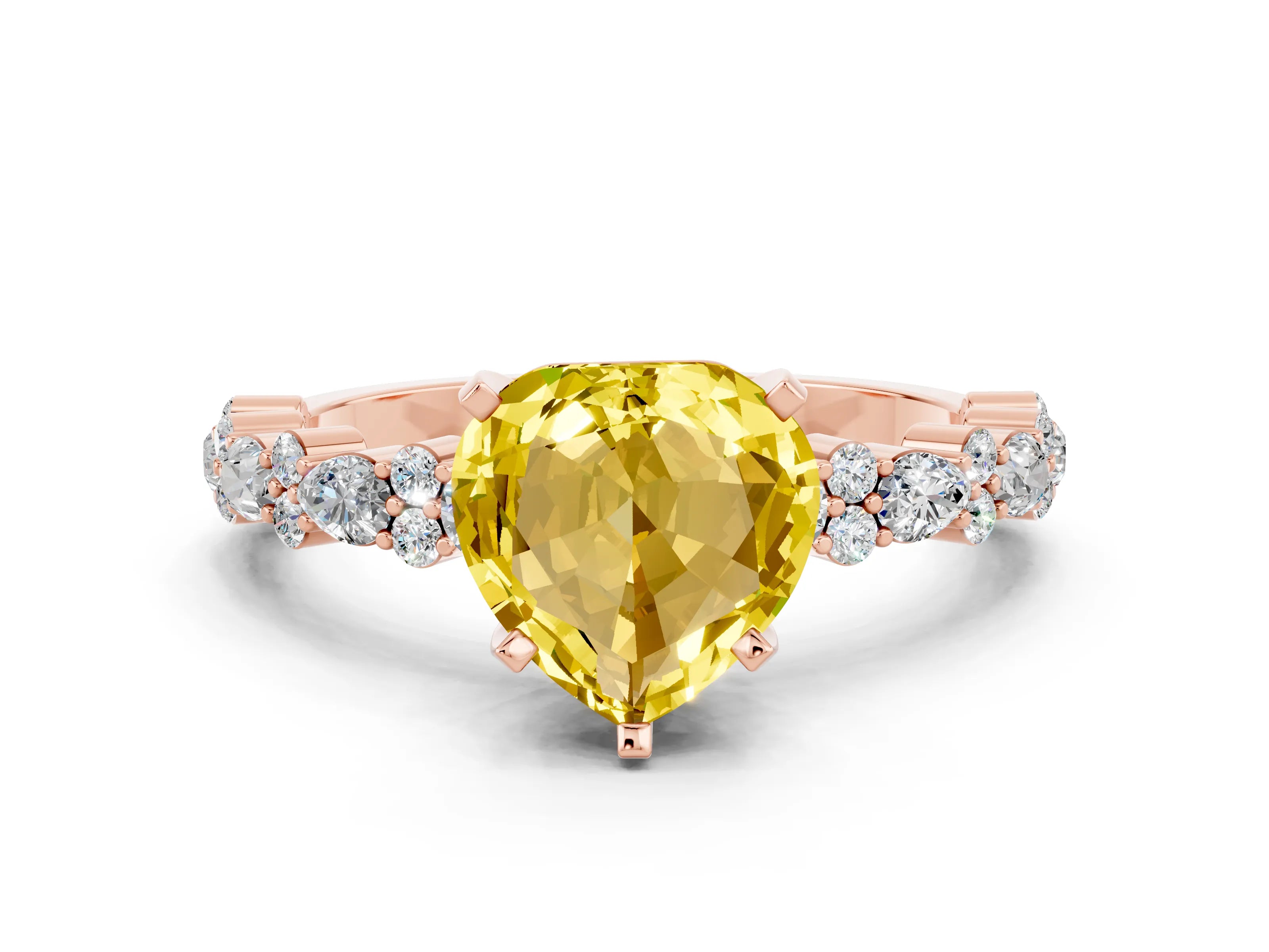 Rose gold Heart Cut Yellow Sapphire Solitaire with Side Stones, Pave Band, Four-Prong Setting_60