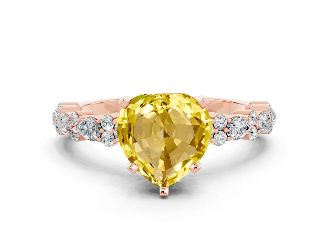 Rose gold Heart Cut Yellow Sapphire Solitaire with Side Stones, Pave Band, Four-Prong Setting_60