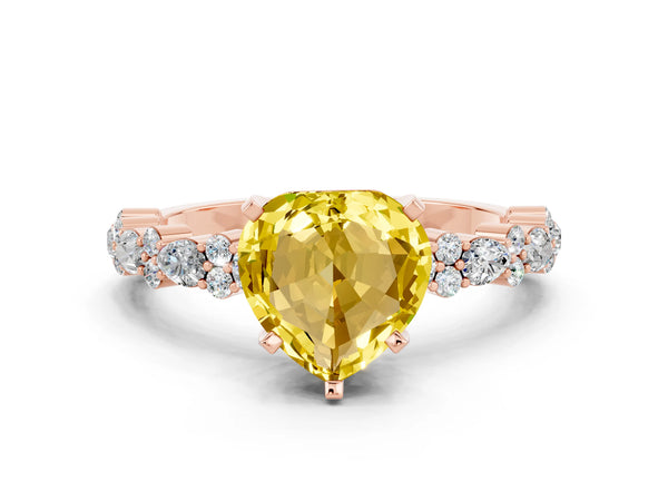 Rose gold Heart Cut Yellow Sapphire Side Stone Solitaire Ring with Round  and Four-Prong Setting