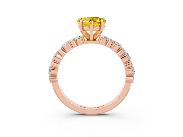 Rose gold Heart Cut Yellow Sapphire Side Stone Solitaire Ring with Round  and Four-Prong Setting