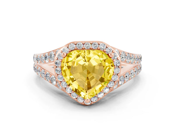 Rose gold Heart Cut Yellow Sapphire Split Shank Halo Ring with Four-Prong Setting