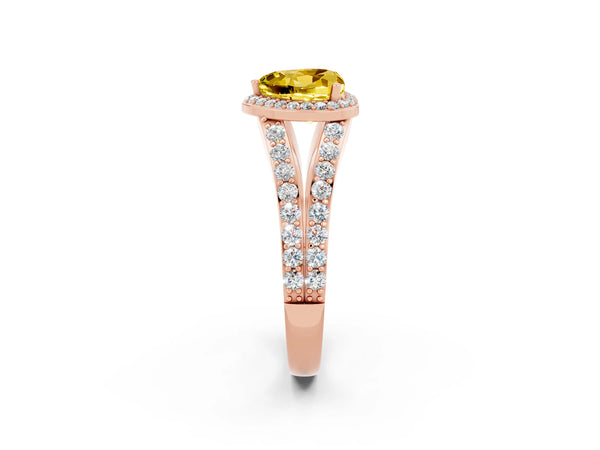 Rose gold Heart Cut Yellow Sapphire Split Shank Halo Ring with Four-Prong Setting