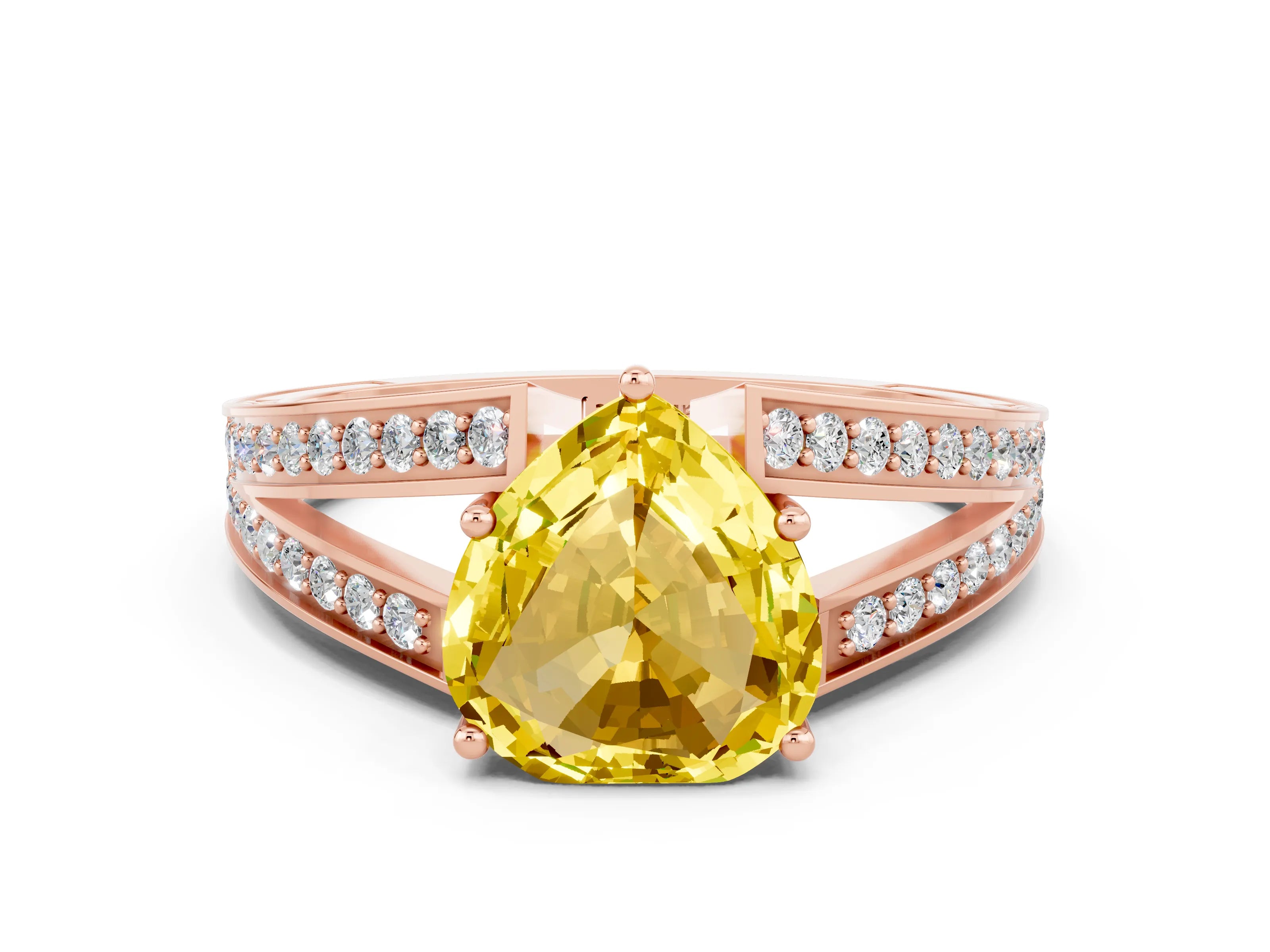 Rose gold Heart Cut Yellow Sapphire Split Shank Ring with Pavé Band and Four-Prong Setting