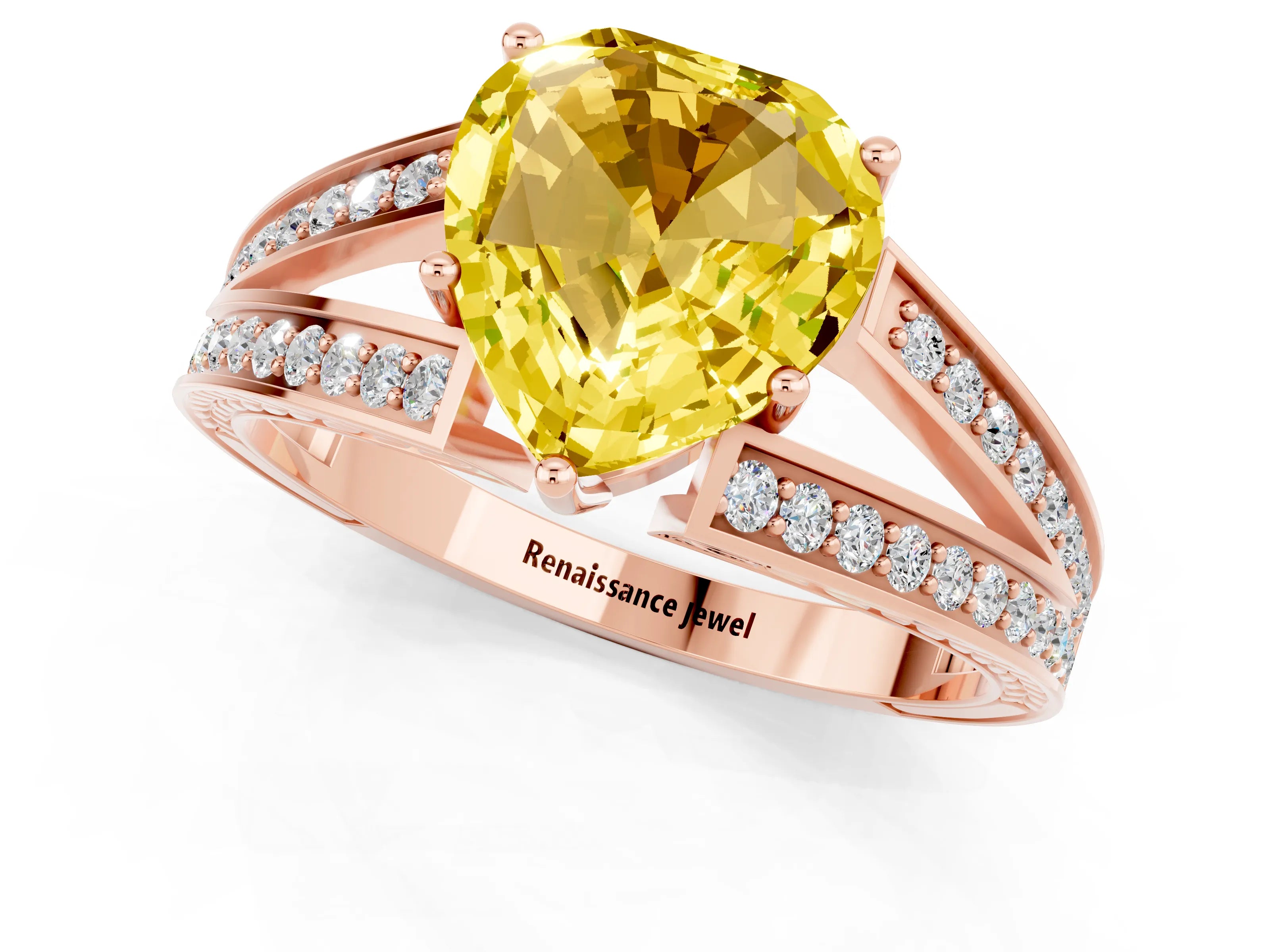 Rose gold Heart Cut Yellow Sapphire Split Shank Ring with Pavé Band and Four-Prong Setting_1