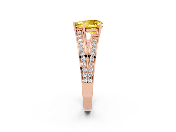 Rose gold Heart Cut Yellow Sapphire Split Shank Ring with Pavé Band and Four-Prong Setting