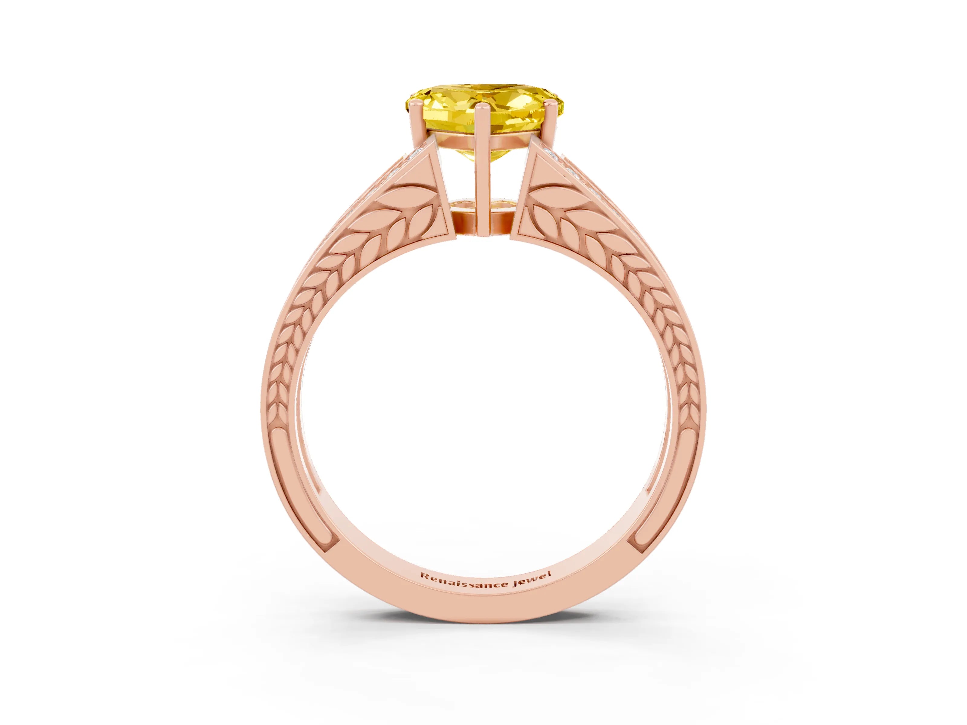 Rose gold Heart Cut Yellow Sapphire Split Shank Ring with Pavé Band and Four-Prong Setting_3