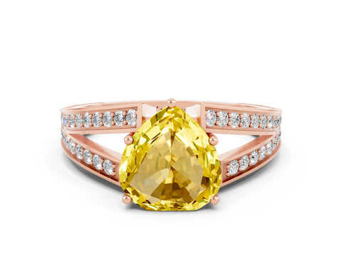 Rose gold Heart Cut Yellow Sapphire Split Shank Ring with Pavé Band and Four-Prong Setting