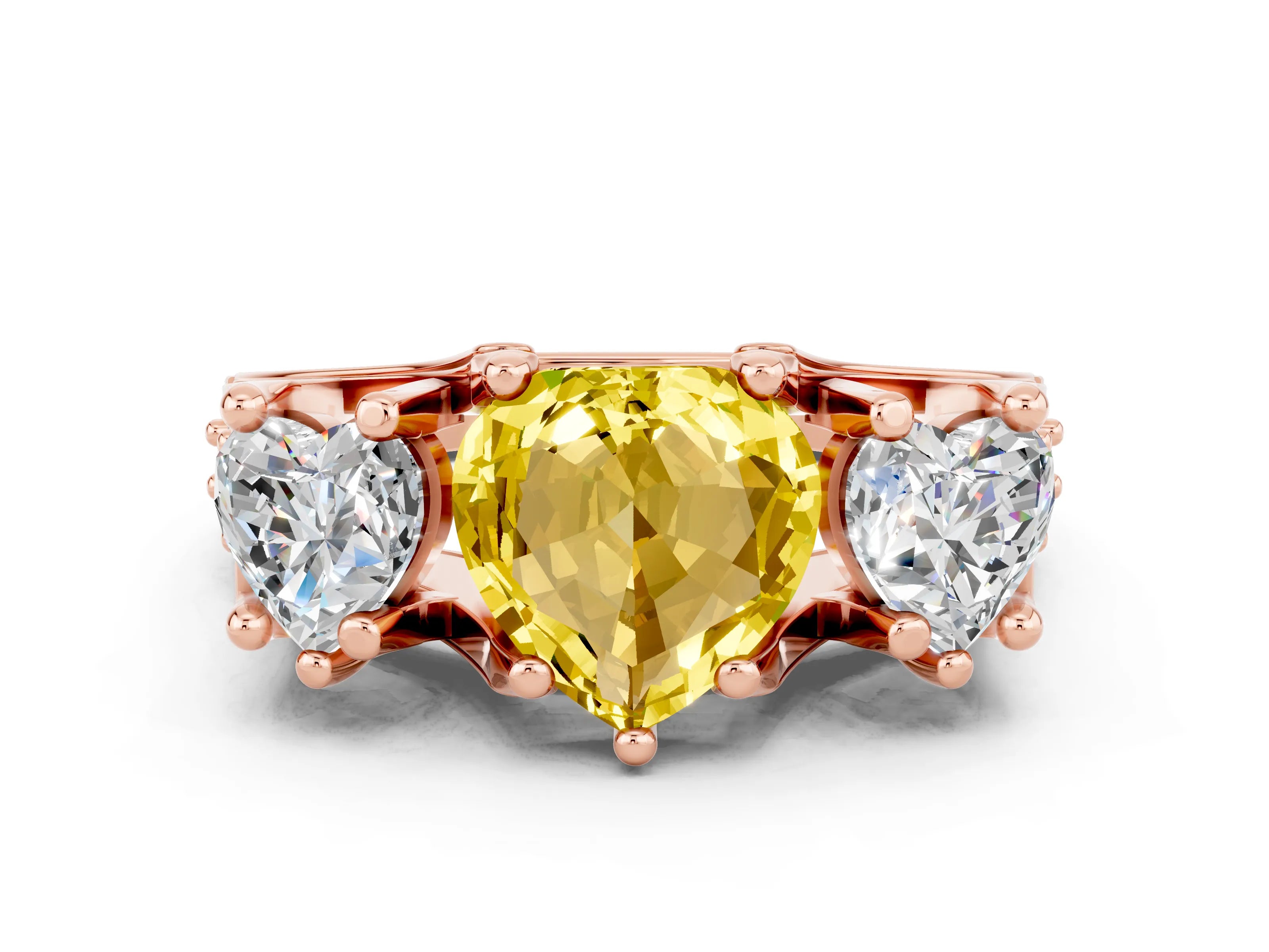 Rose gold Heart Cut Yellow Sapphire Three-Stone Ring with Channel Set Band and Four-Prong Setting