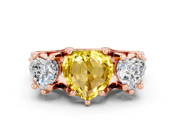 Rose gold Heart Cut Yellow Sapphire Three-Stone Ring with Channel Set Band and Four-Prong Setting