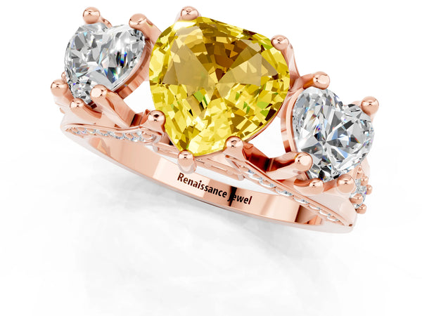 Rose gold Heart Cut Yellow Sapphire Three-Stone Ring with Channel Set Band and Four-Prong Setting