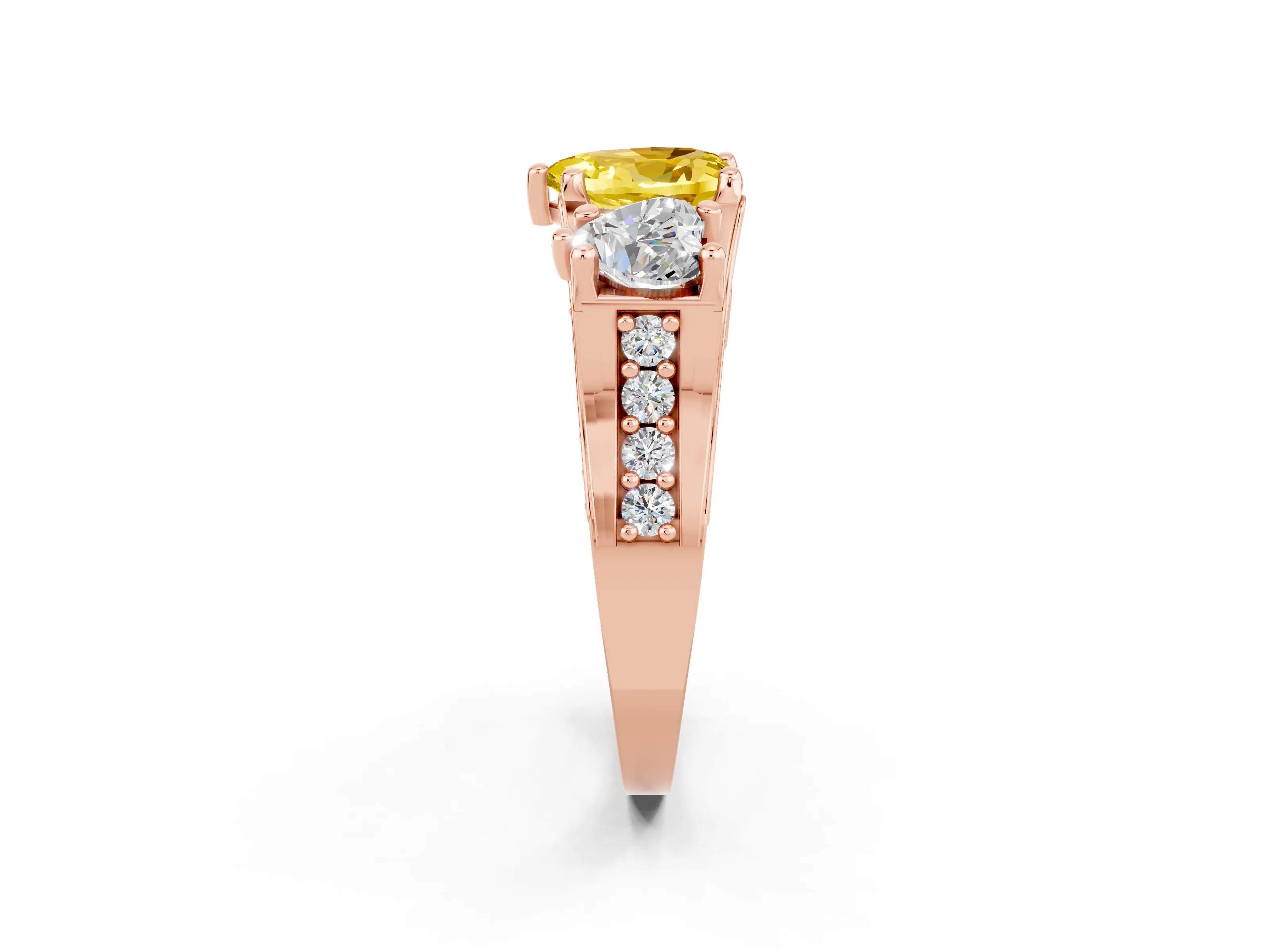 Rose gold Heart Cut Yellow Sapphire Three-Stone Ring with Channel Set Band and Four-Prong Setting_2
