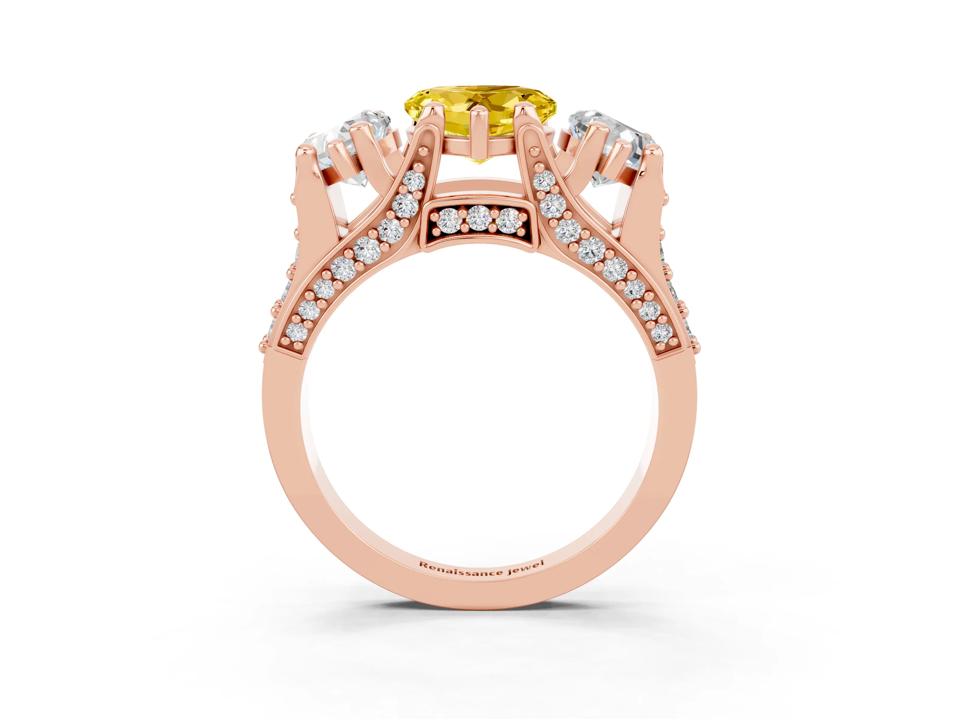 Rose gold Heart Cut Yellow Sapphire Three-Stone Ring with Channel Set Band and Four-Prong Setting_3