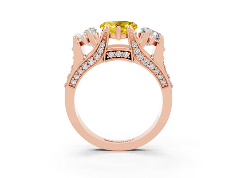 Rose gold Heart Cut Yellow Sapphire Three-Stone Ring with Channel Set Band and Four-Prong Setting_3