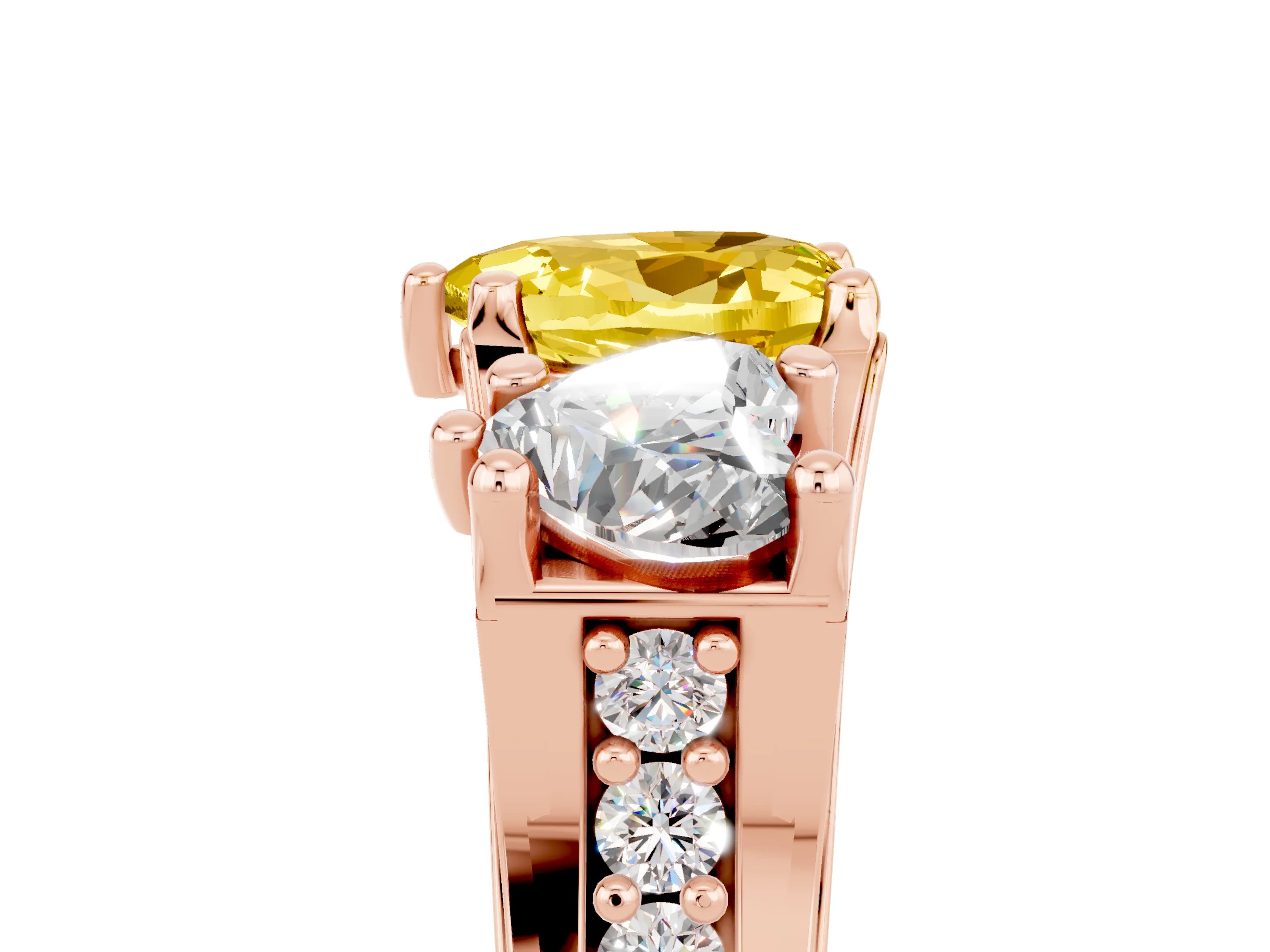 Rose gold Heart Cut Yellow Sapphire Three-Stone Ring with Channel Set Band and Four-Prong Setting_5