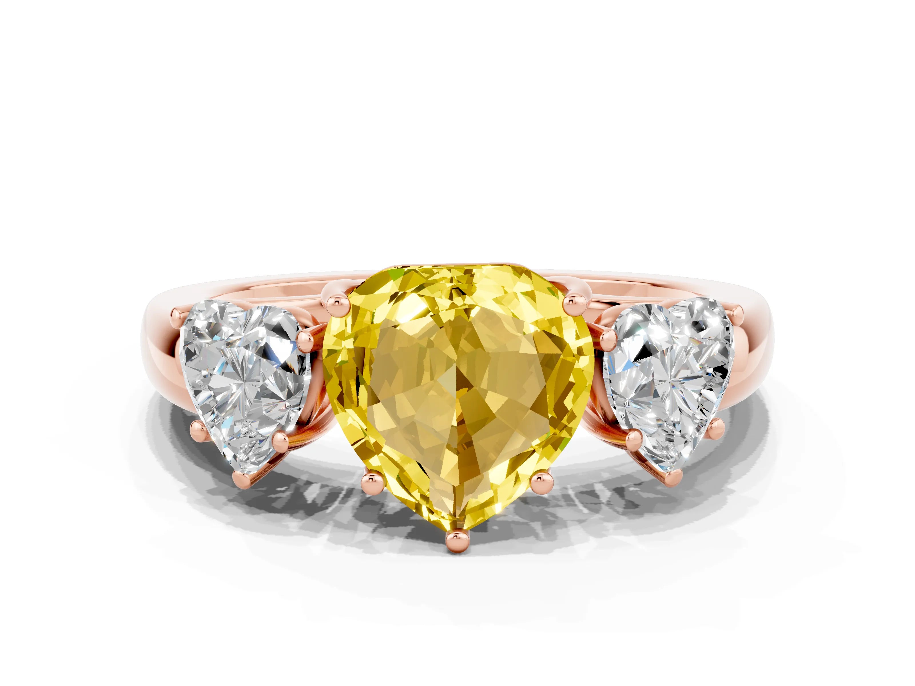 Rose gold Heart Cut Yellow Sapphire Three-Stone Ring with Four-Prong Setting and Classic Band