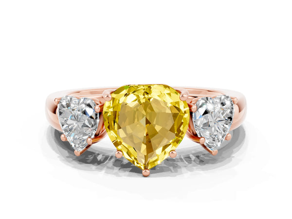 Rose gold Heart Cut Yellow Sapphire Three-Stone Ring with Four-Prong Setting and Classic Band