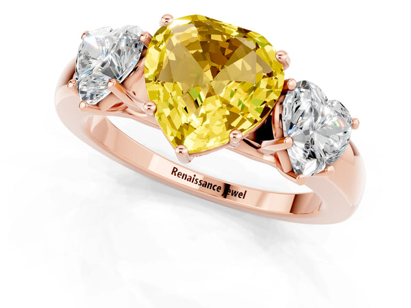 Rose gold Heart Cut Yellow Sapphire Three-Stone Ring with Four-Prong Setting and Classic Band