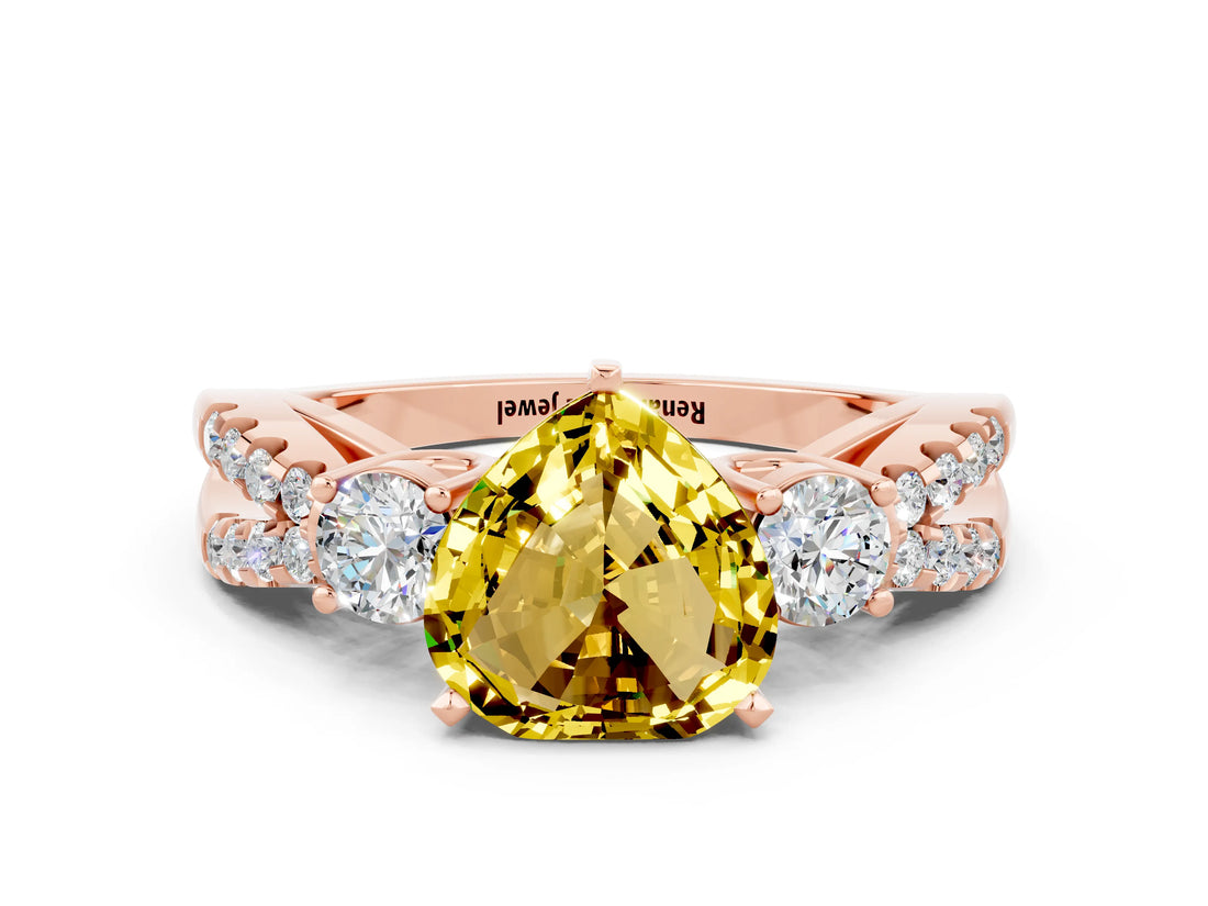 Rose gold Heart Cut Yellow Sapphire Three-Stone Ring with Pavé Split Shank and Four-Prong Setting_24
