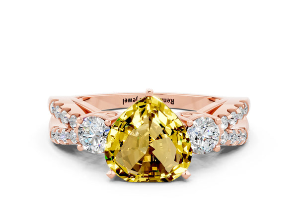 Rose gold Heart Cut Yellow Sapphire Three-Stone Ring with Pavé Split Shank and Four-Prong Setting