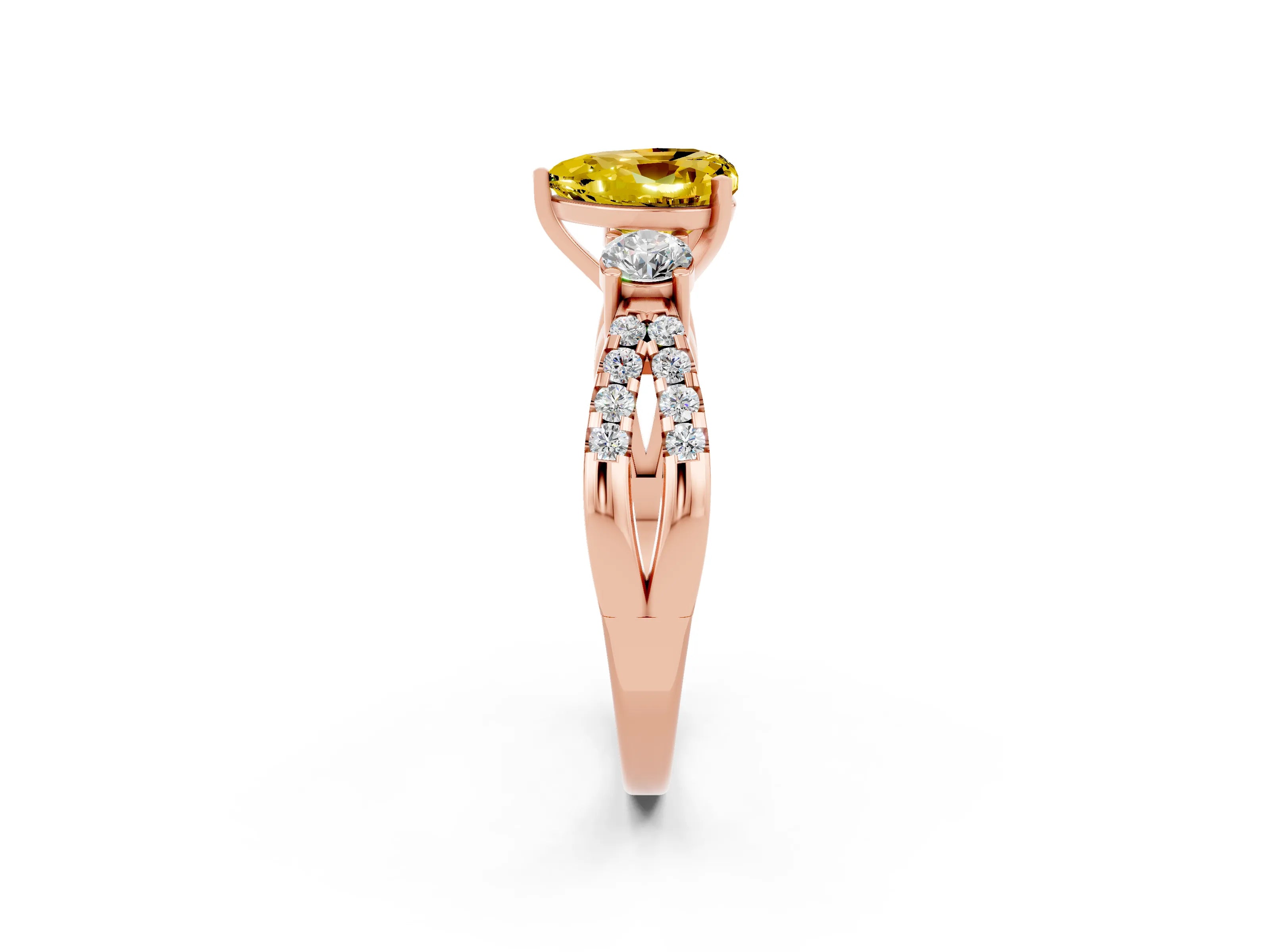 Rose gold Heart Cut Yellow Sapphire Three-Stone Ring with Pavé Split Shank and Four-Prong Setting_26