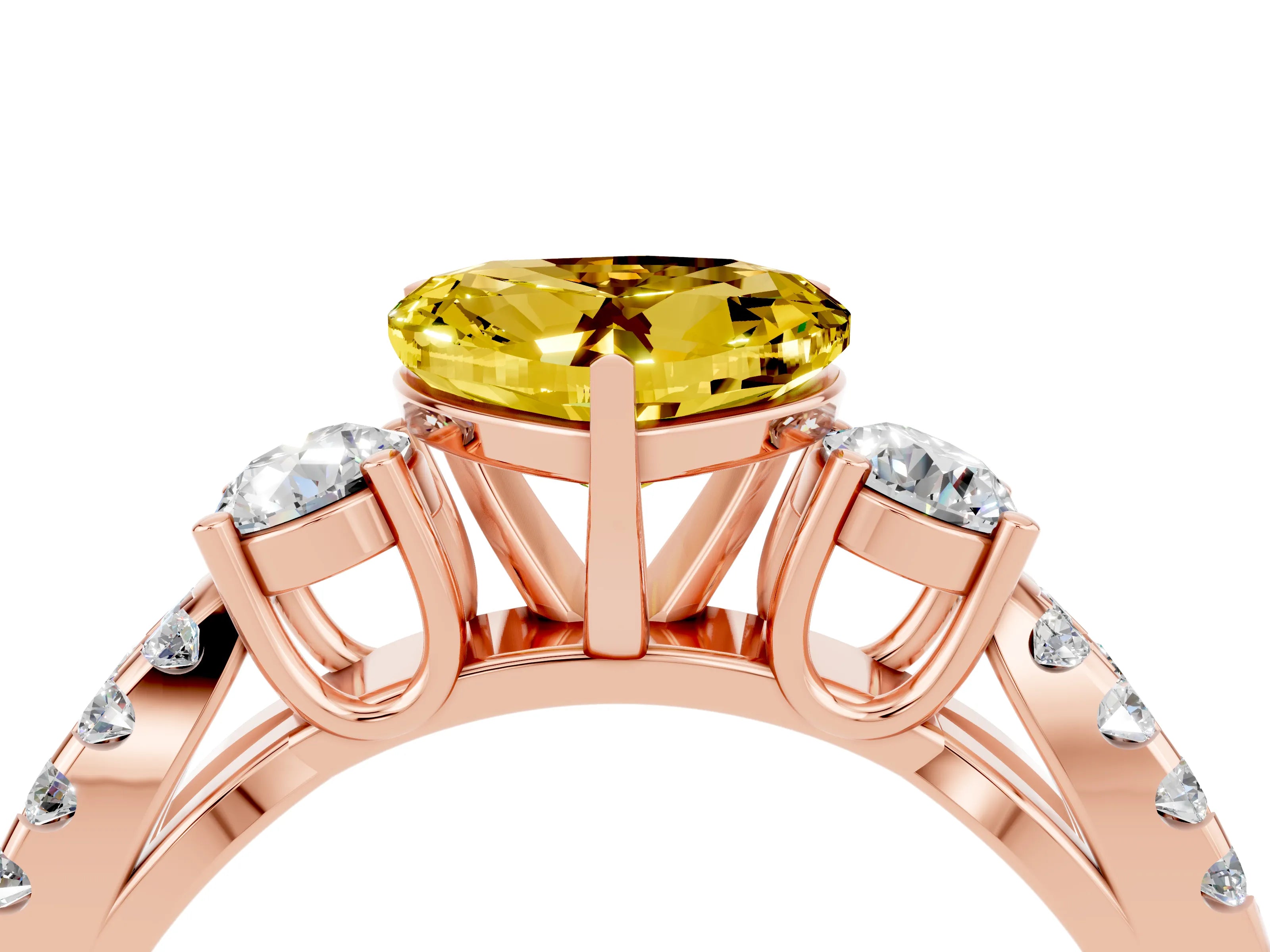 Rose gold Heart Cut Yellow Sapphire Three-Stone Ring with Pavé Split Shank and Four-Prong Setting_28