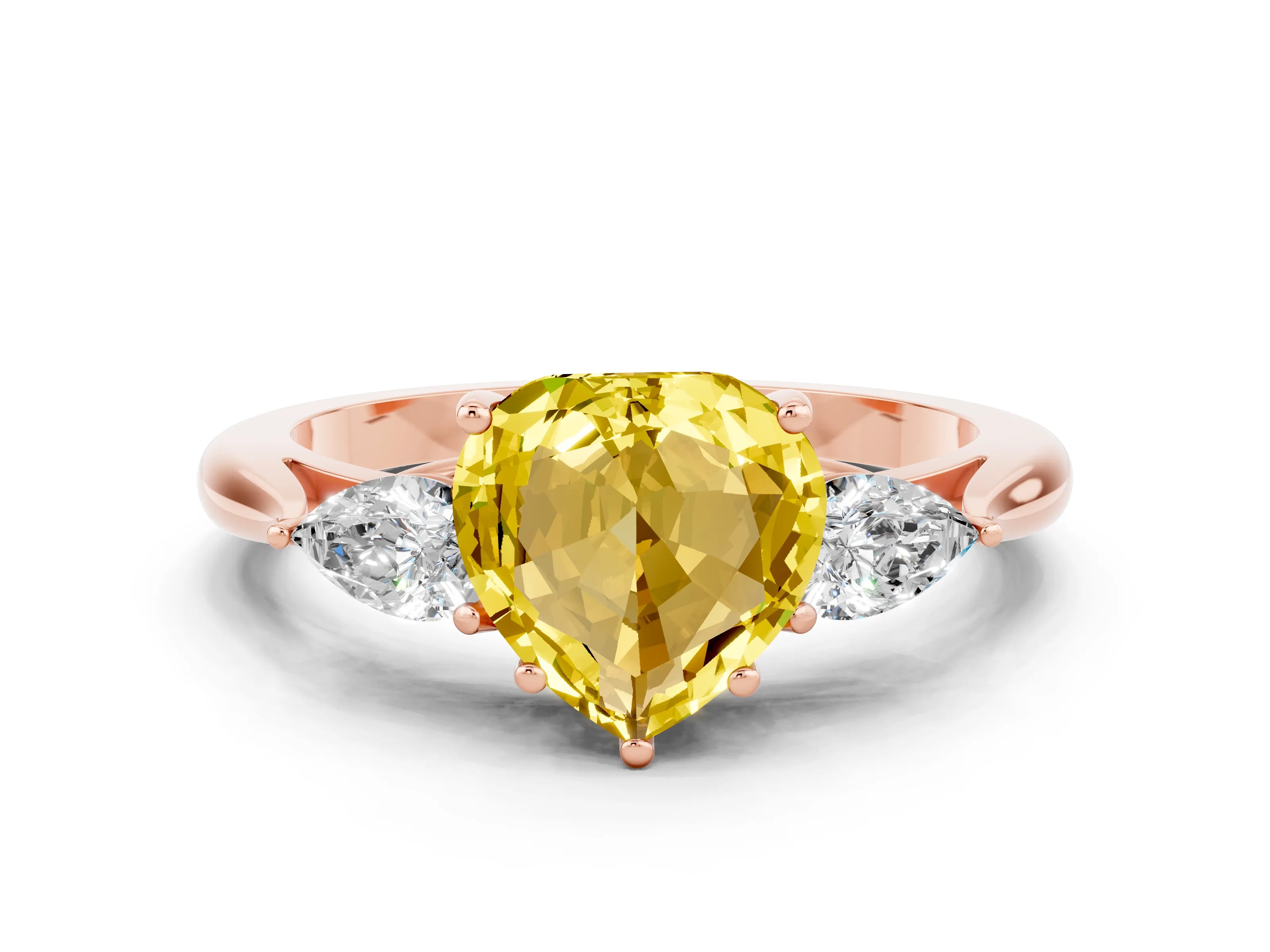 Rose gold Heart Cut Yellow Sapphire Three-Stone Ring with Pear Side Stones and Four-Prong Setting_12
