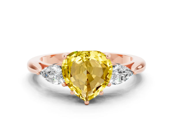 Rose gold Heart Cut Yellow Sapphire Three-Stone Ring with Pear  Side Stones and Prong Setting