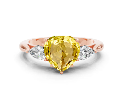 Rose gold Heart Cut Yellow Sapphire Three-Stone Ring with Pear Side Stones and Four-Prong Setting_12