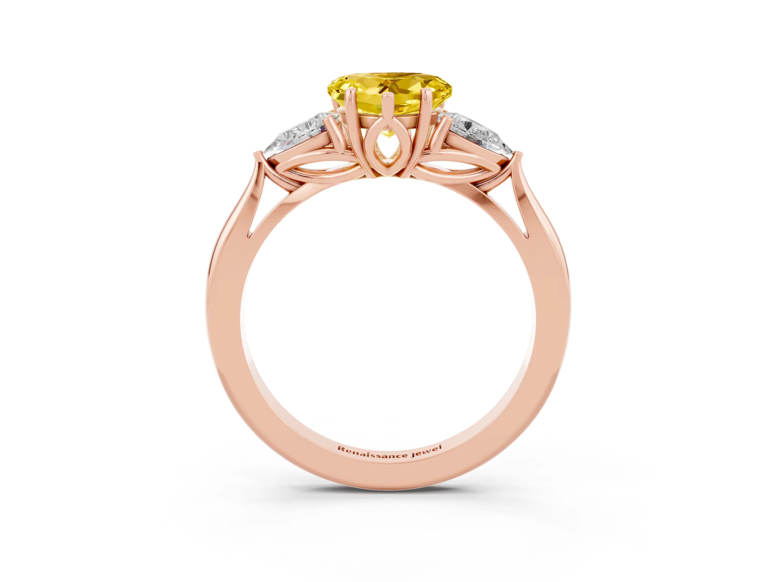 Rose gold Heart Cut Yellow Sapphire Three-Stone Ring with Pear Side Stones and Four-Prong Setting_15