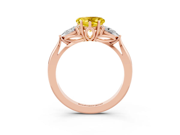 Rose gold Heart Cut Yellow Sapphire Three-Stone Ring with Pear  Side Stones and Prong Setting