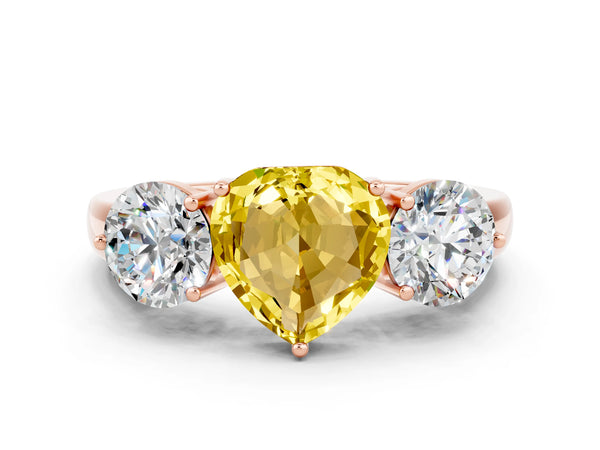 Rose gold Heart Cut Yellow Sapphire Three-Stone Ring with Prong Setting and Classic Band