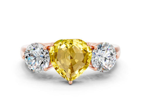 Rose gold Heart Cut Yellow Sapphire Three-Stone Ring with Prong Setting and Classic Band